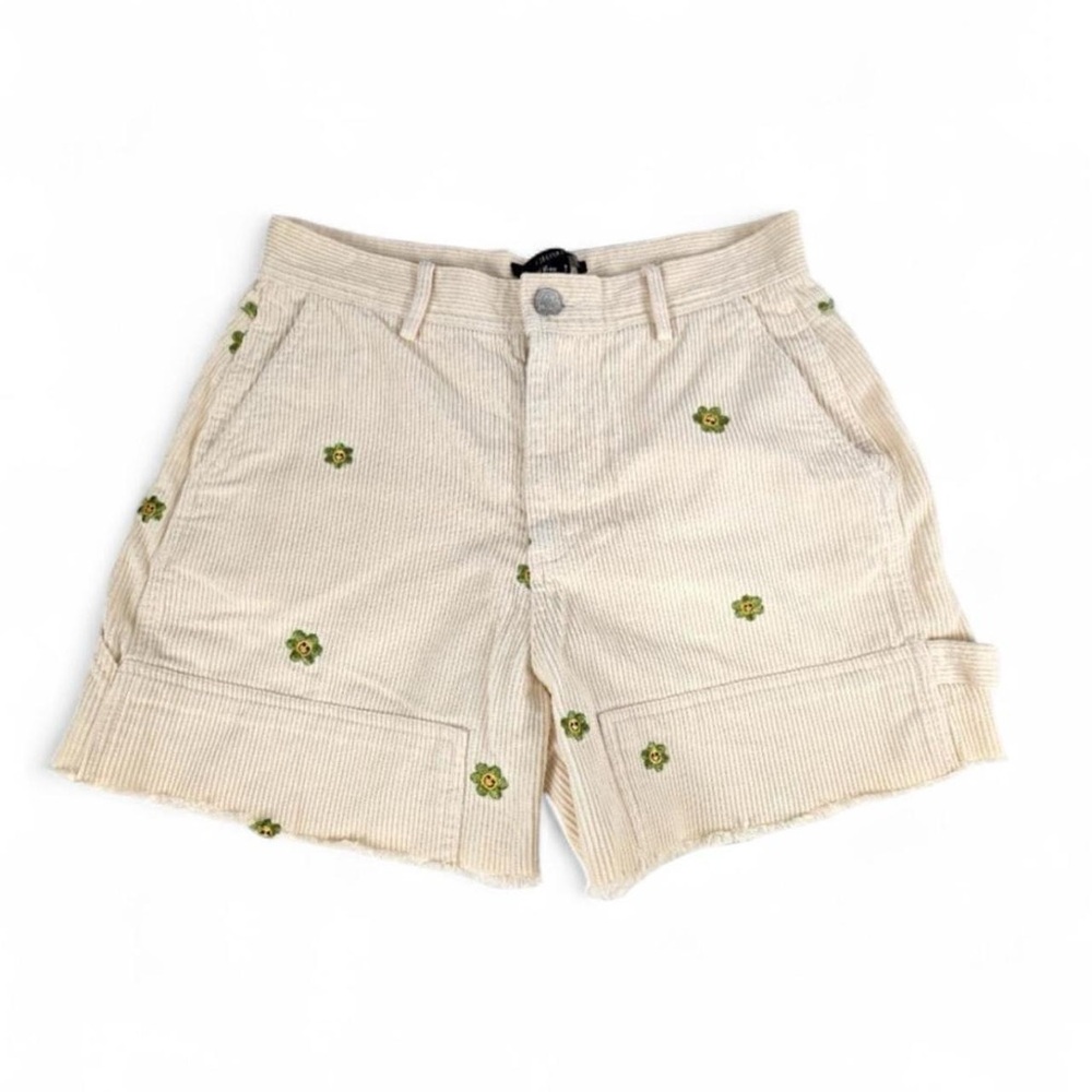 Forever 21 carpenter corduroy shorts with green floral smiley face embroidery